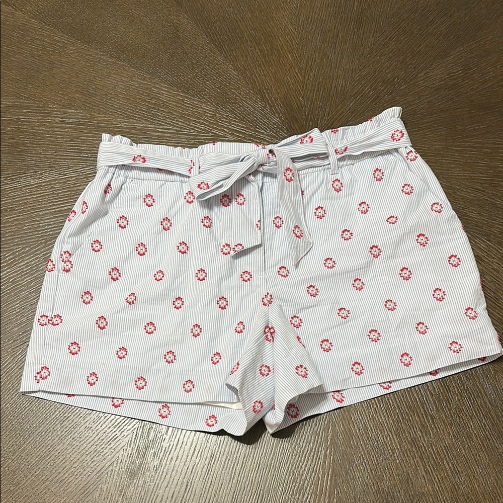 LOFT Women's Striped Blue/White‎ and Red Floral Lined Belted 4” Shorts, Small